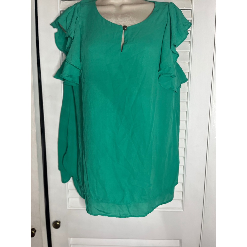 Susan Graver Ruffle Sleeve Blouse Keyhole Top Casual Green Shirt M